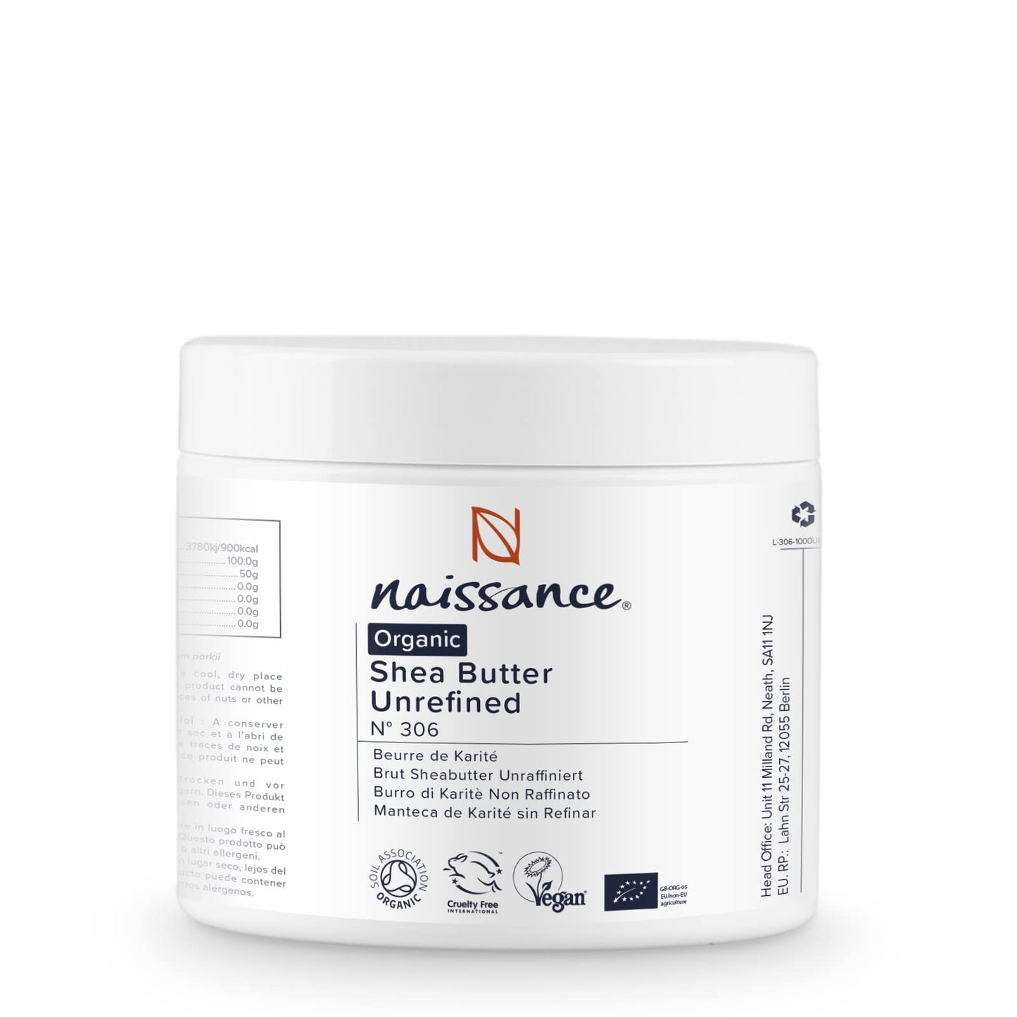 Naissance Organic Shea Butter (no. 306) 250g - Pure, Natural, Certified Organic, Unrefined, Hand Kneaded, Vegan and Fragrance Free