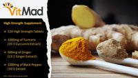 Vitmad Turmeric Curcumin Ginger Black Pepper 120 Tablets 95% Curcuminoids - Naturally Reduces Inflammation