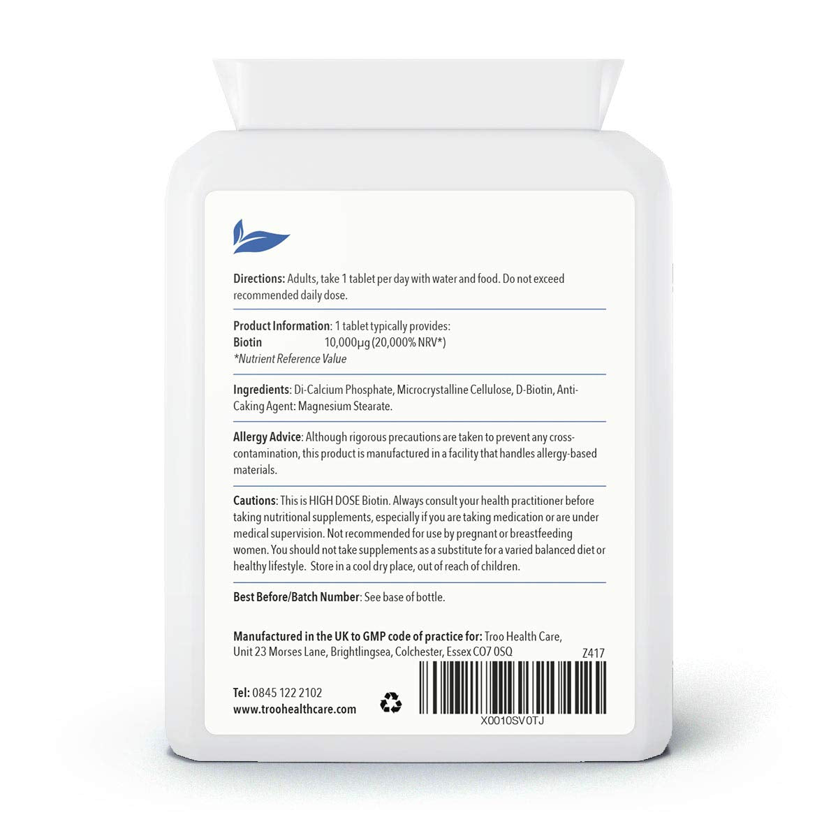 Troo Health Care Biotin 10000µg Supplement - 120 High Strength 10000 mcg Vitamin B7 Tablets for Hair Skin and Nail Support - UK Manufactured to GMP Standards - 4 Month Supply