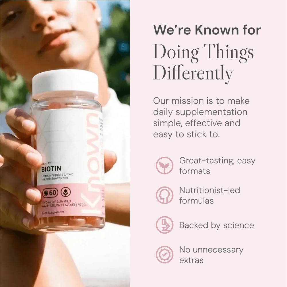 Known High-Strength Biotin Gummies - 10,000µg Biotin - Supports Healthy Hair & Skin - Natural Watermelon Flavour - 60 Vegan Gummies, 1 Month Supply
