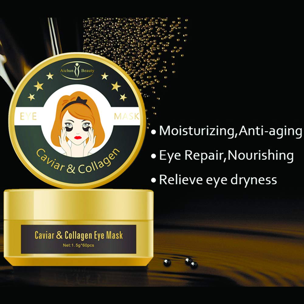 AICHUN BEAUTY 30 Pair Collagen Eye Mask Patch Hydro Gel Pad Anti-Wrinkle Dark Circles Bags Soft Smooth Skin Care Hydration Moisturizing (CAVIAR)