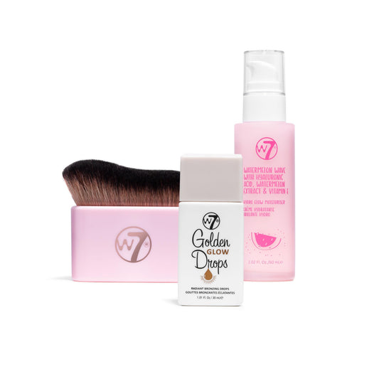 W7 Golden Glow Drops Essential Trio - 3 Piece Set - Liquid Bronzing Drops, Moisturiser & Body Brush