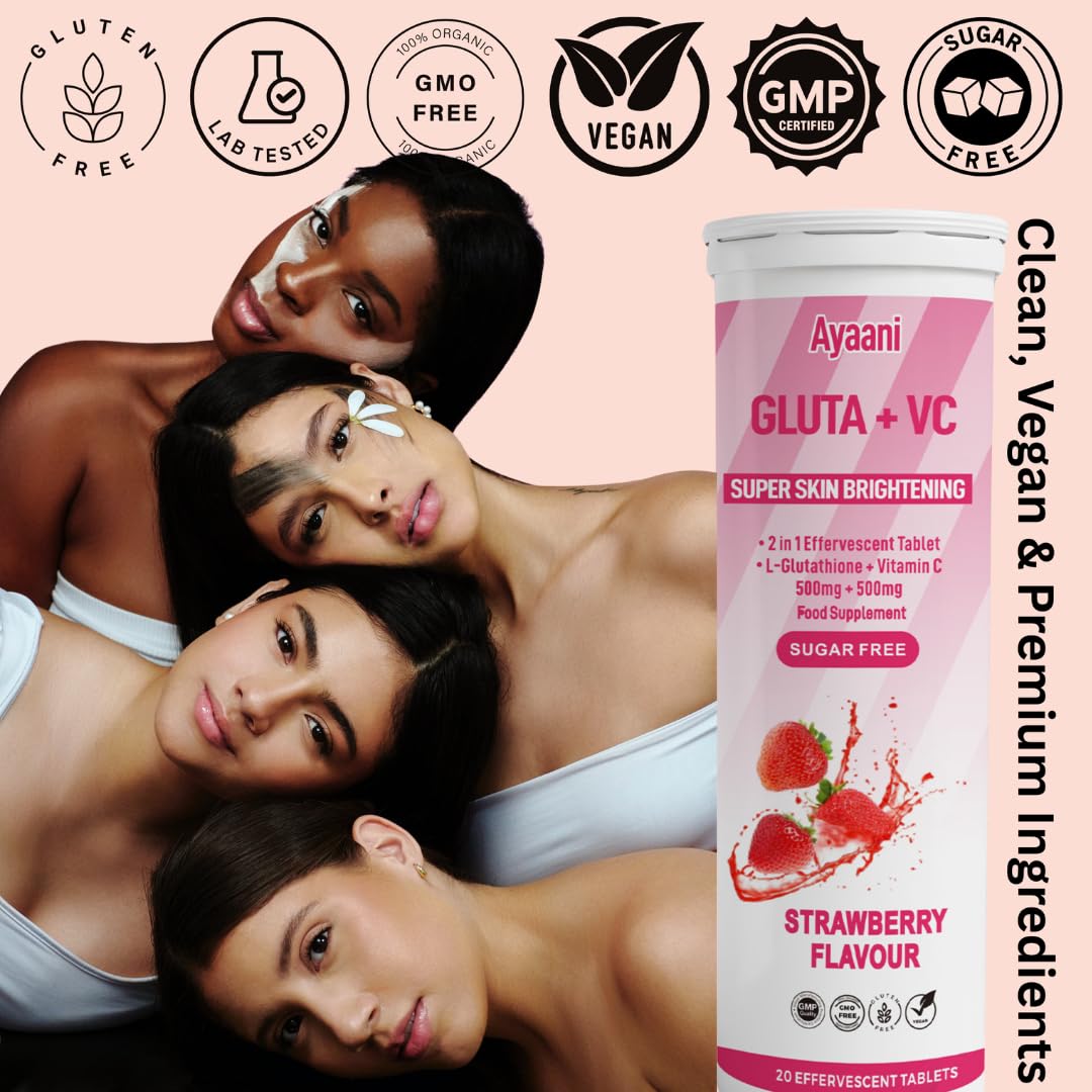 Ayaani Glow Glutathione & Vitamin C Effervescent Tablets - 500mg Each, Sugar-Free Antioxidant Drink for Skin Brightening & Glowing Skin, Strawberry Flavour, 20 Vegan Tablets