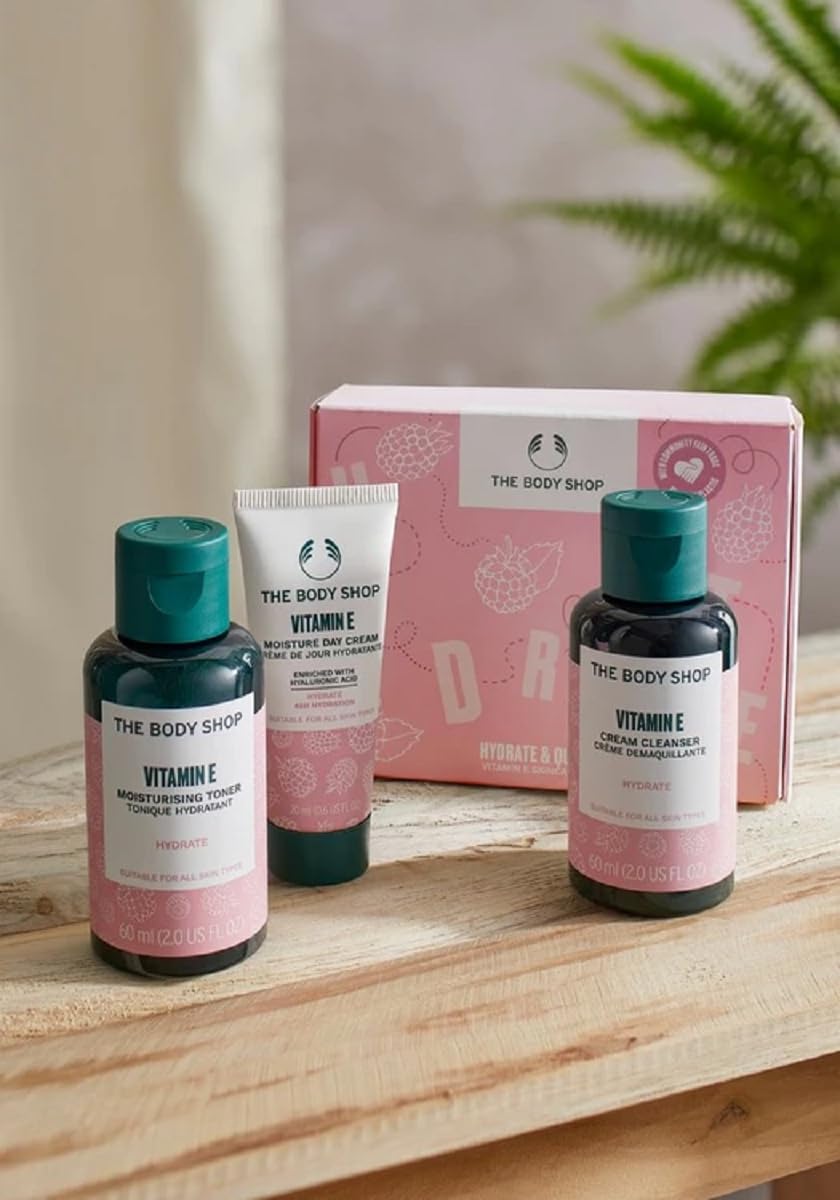 The Body Shop Hydrate Quench Vitamin E Gift Set presents a revitalizing face wash, toner, and day cream, ensuring an indulgent and nourishing skincare experience