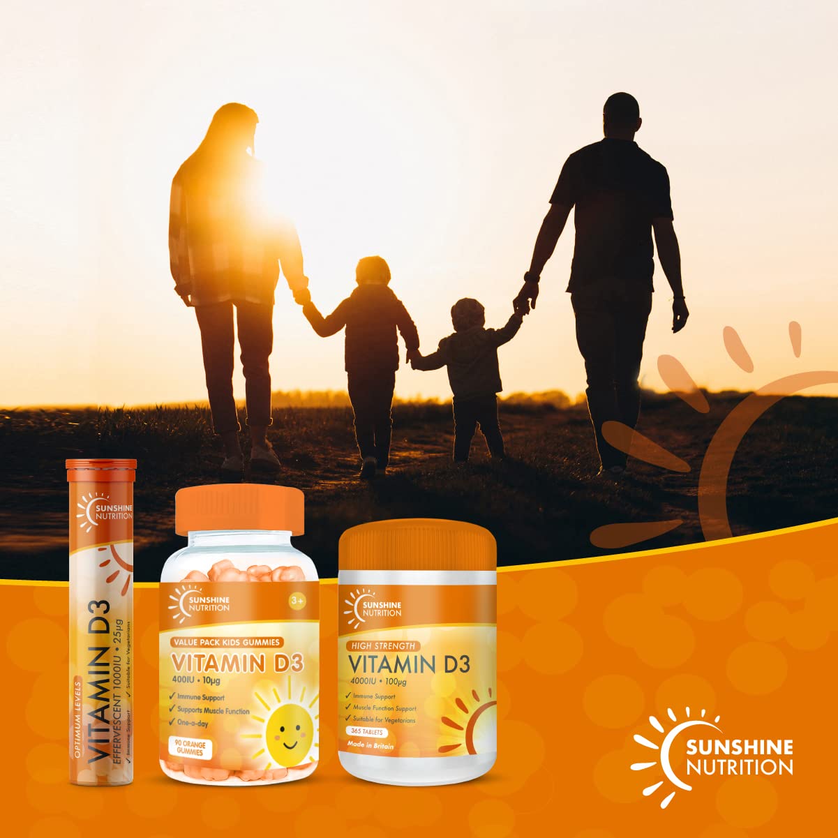 Sunshine Nutrition Vitamin D Effervescent Tablets - Dissolvable High Strength Vitamin D3-20 Vitamins Per Tube (4 Pack)