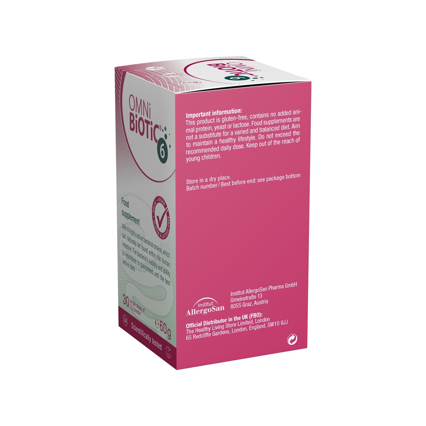 OMNi BiOTiC 6 | Glass | 30 portions (60g) | 6 Bacterial strains | 4 Billion Bacteria per Daily dose | Powder | with Inulin | Vegan | Gluten-Free | Lactose-Free | for Daily use