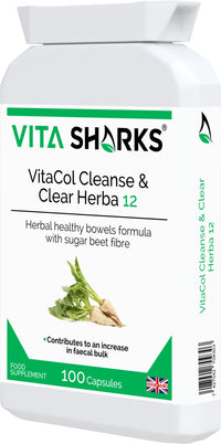 Vita Sharks VitaCol Cleanse & Clear Herba 12 - Fibre Enriched Vegetarian Herbal Colon Cleansing Formula. Increase Faecal Bulk with 12+ Kosher Herbal Ingredients