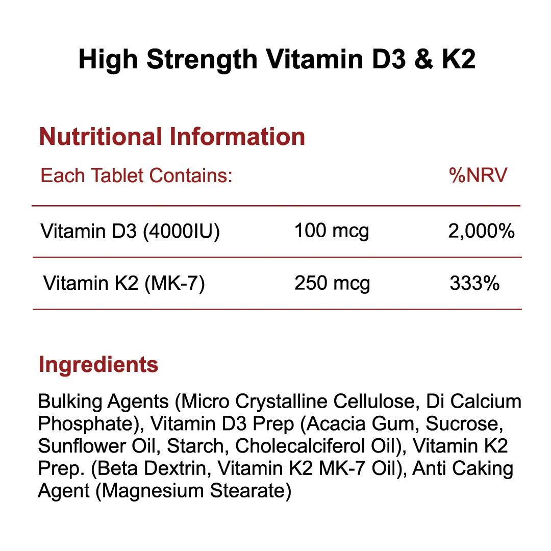 High Strength Vitamin D3 and K2 120 Tablets 4,000 IU 250mcg - Phoenix Nutrition