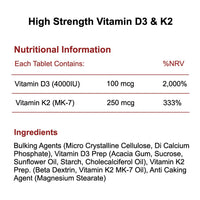 High Strength Vitamin D3 and K2 120 Tablets 4,000 IU 250mcg - Phoenix Nutrition