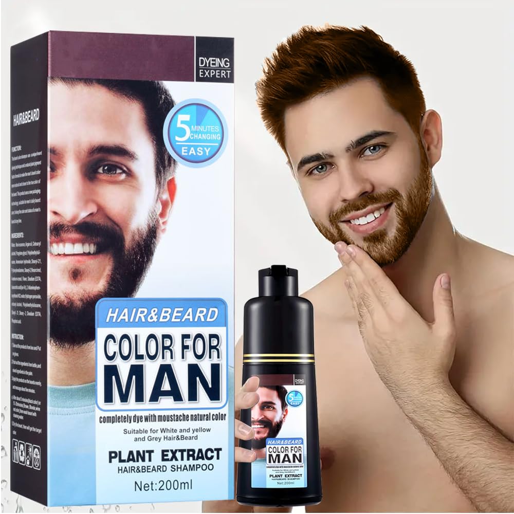 JRTTOSSE Men's beard and moustache hair dye for grey hair to dark brown, men's moustache hair dye, dark brown in 5 minutes, easy to use, dark brown moustache hair dye and hair colour shampoo, 200 ml.