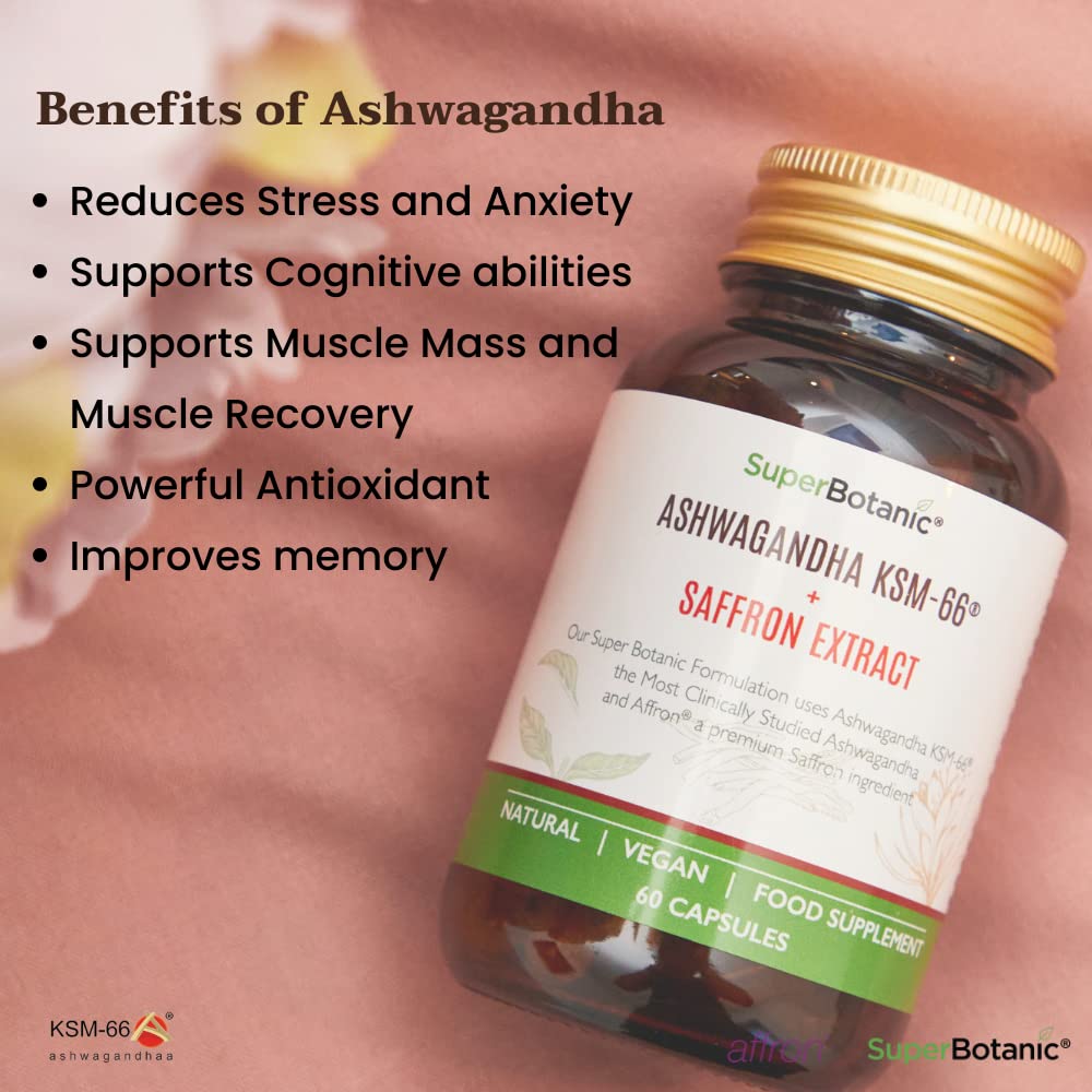 Super Botanic Ashwagandha KSM 66 ® 60 Vegan Capsules with Affron ® (Saffron Extract) |100% Natural & Made in the UK | Most Clinically Studied Ashwagandha |