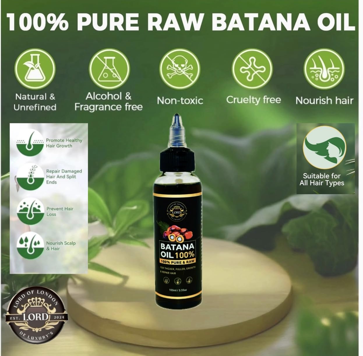 Lord of London Lord Batana Oil 100% Raw & Pure for Hair Growth, Gair treatment, 100ml, Chemical-Free Hair Oil for Thicker Fuller Hair