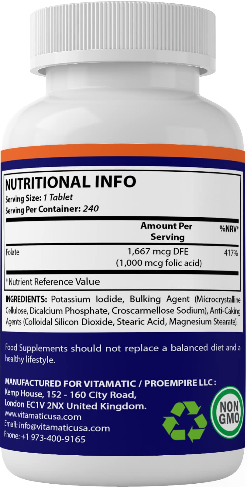 Vitamatic Folic Acid 1000 mcg (1 mg) - Vegetarian Tablets - 1667 mcg DFE - Vitamin B9 (240 Count (Pack of 2))