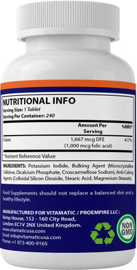 Vitamatic Folic Acid 1000 mcg (1 mg) - Vegetarian Tablets - 1667 mcg DFE - Vitamin B9 (240 Count (Pack of 2))