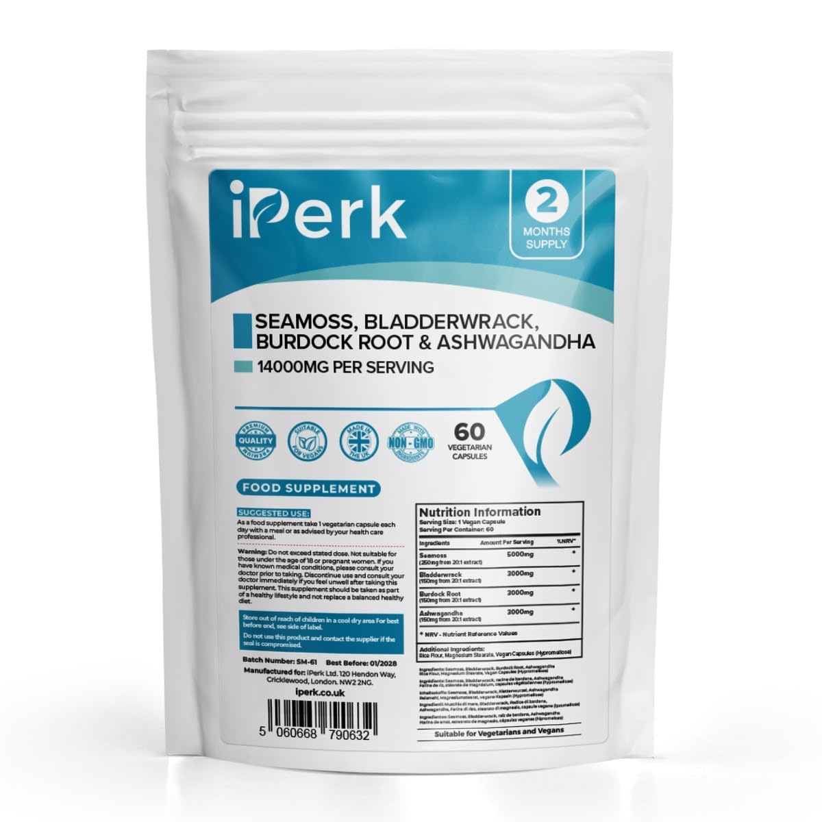 iperk iPerk Sea Moss Complex: Bladderwrack, Burdock & Ashwagandha - 14,000mg High Potency Formula - 60 Vegan Capsules - UK Manufactured