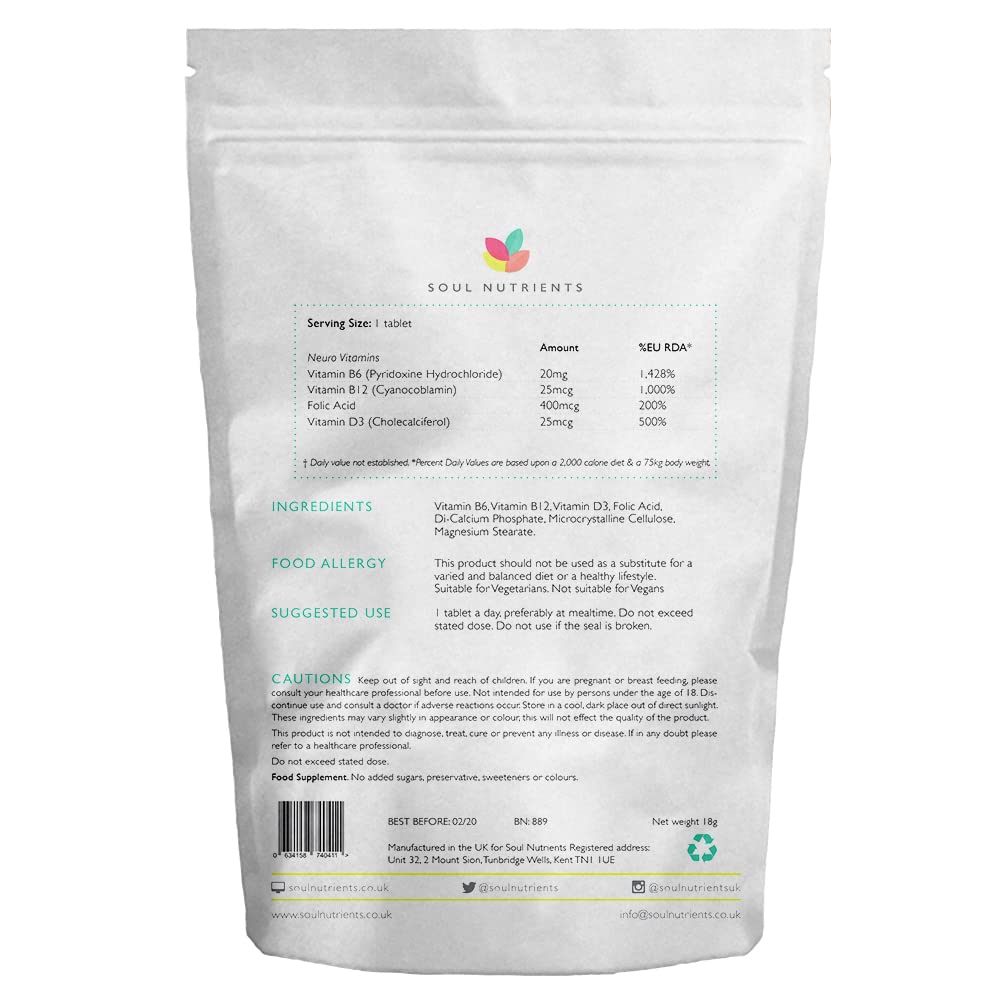 Soul Nutrients Vitamins B6, B12, Folic Acid & D3 Neuro Vitamins 120 Tablets UK Manufactured