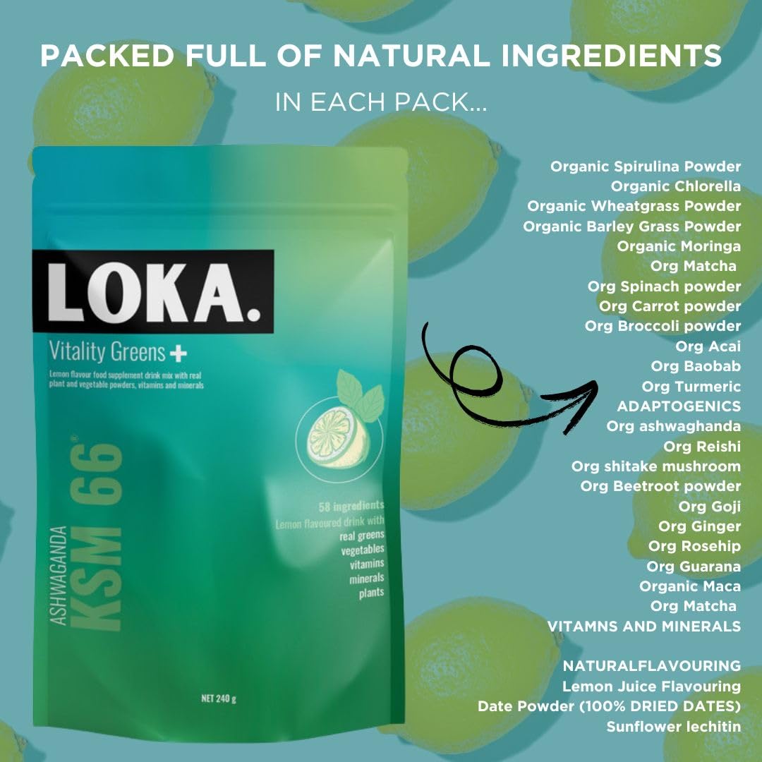LOKA. LOKA Vitality Greens+| Super Greens Powder | Includes Plants, Ashwagandha, Reishi Mushroom, Maca Root, Vitamins/Minerals, Vegan & Gluten Free. 240g, 30 Servings