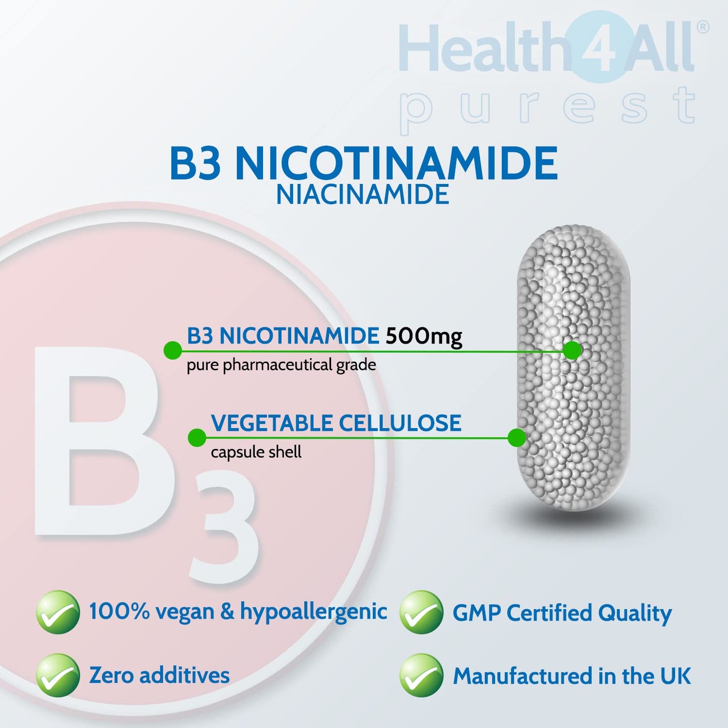 Health4All Vitamin B3 Niacin as Nicotinamide (Niacinamide) 500mg 90 Capsules (V) Purest, No Additives, Vegan, Gluten Free No-Flush Niacin Capsules