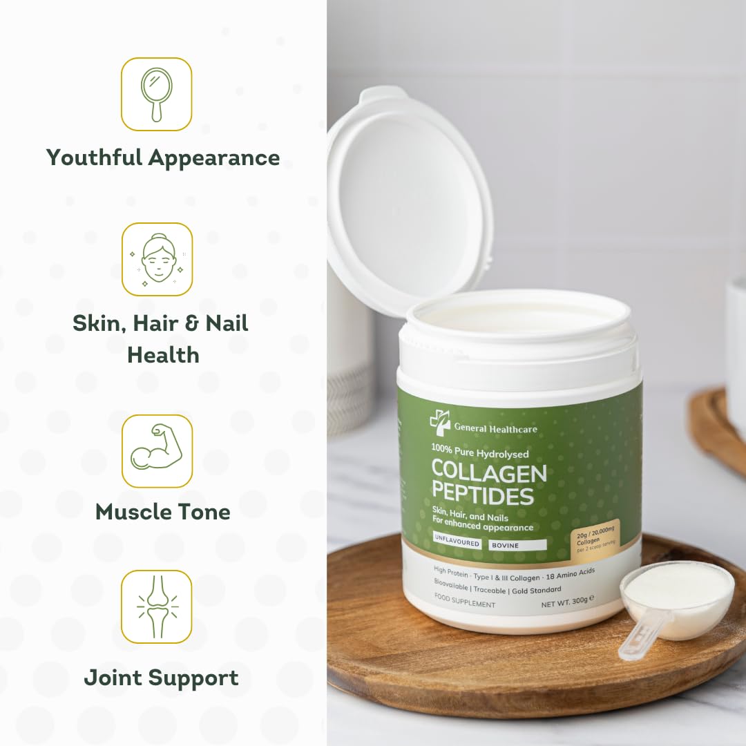 Collagen Powder Bovine Peptides, Type I & III, 100% Pure Hydrolysed Gold Standard, with 18 Amino Acids, Collagen Supplement by General Healthcare - 20g / 20,000mg Collagen (Unflavoured)(300g)
