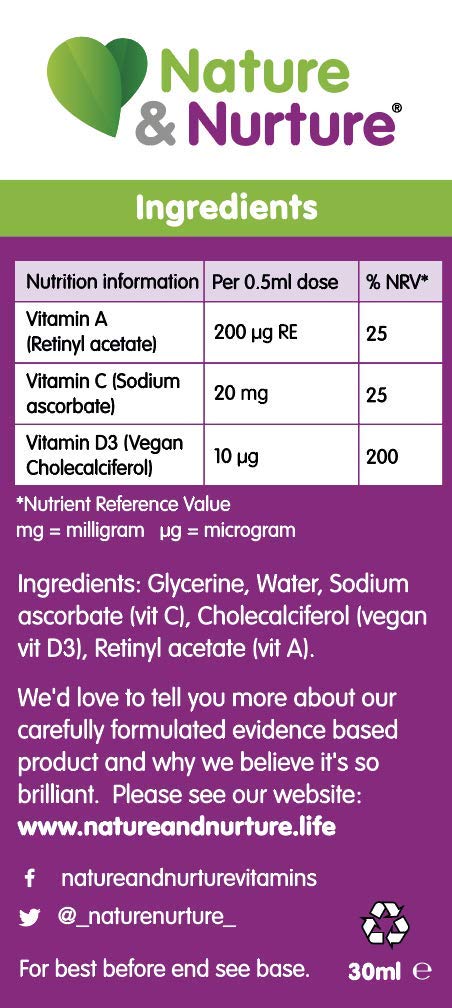 Award Winning Nature & Nurture Baby & Child Vitamins. The Vegan-Friendly Gentle Liquid multivitamin Drops for Babies, Toddlers and Children. Made in The UK. 60 Doses.