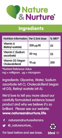 Award Winning Nature & Nurture Baby & Child Vitamins. The Vegan-Friendly Gentle Liquid multivitamin Drops for Babies, Toddlers and Children. Made in The UK. 60 Doses.