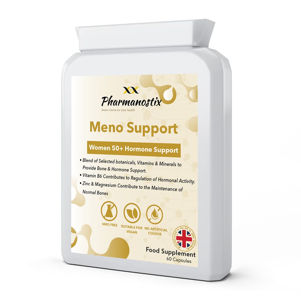 Pharmanostix Meno-Support Women 50+ Bone and Hormone Support 60 Capsules - Botanical Blend with Vitamin D, Zinc and Calcium – Made in UK to GMP Standards