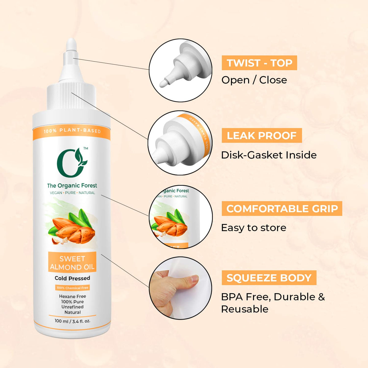 The Organic Forest – VEGAN . PURE . NATURAL Sweet Almond Oil For Skin, Face, Hair | Moisturizing Face Oil, Reduce Acne, Softens Hair, Unscented Badam Oil | 100% Pure Cold Pressed & Unrefined Almond Hair Oil | 100 ML