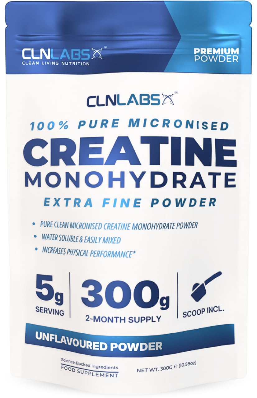 Creatine Monohydrate Powder - 300g (60 x 5g Servings) | 200 Mesh Fine Grade Powder, Pure & Mixes Easily | Includes Scoop | Unflavoured | Made in The UK By CLN Labs