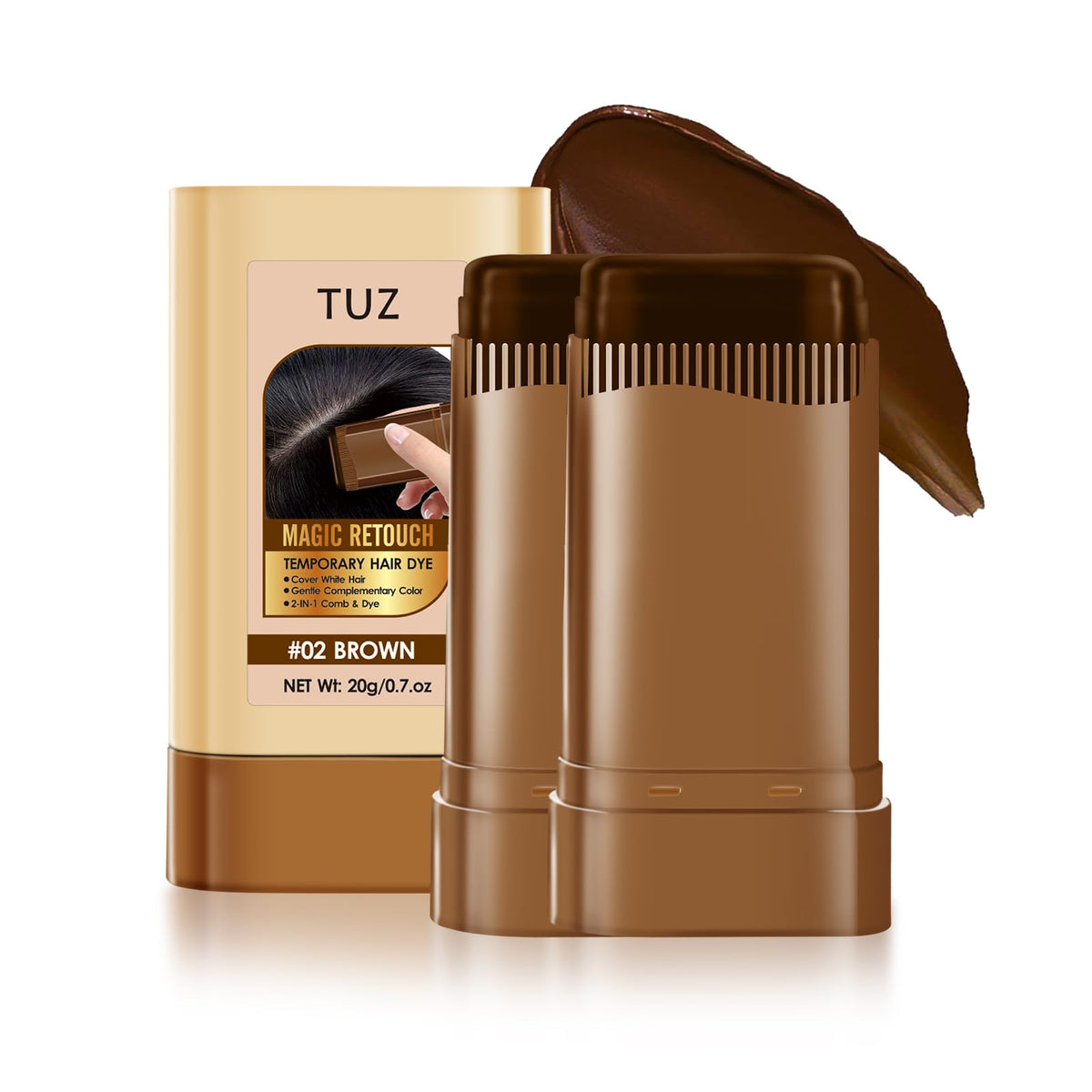 SOLUAME Hair Dye Comb, Brown Hair Dye, Hair Colour Stick, 2 in 1 Hair Concealer, Even and Effective Coverage, Easy to Use, Compact and Portable, Gentle Formula, 20g*2(Brown)