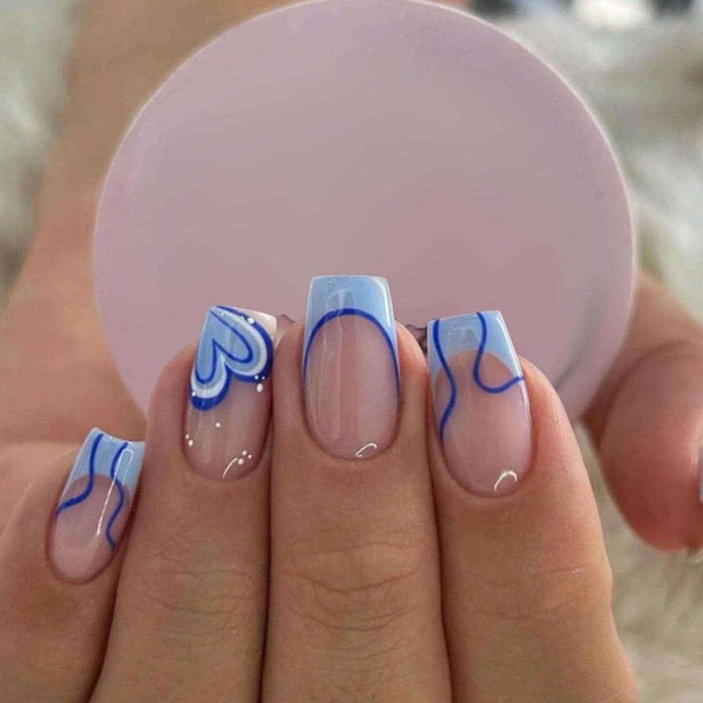 Generic 24PCS Blue Heart Press on Nails – Short Square French Tip with Blue & White Design – Fake Nails with Accessory Tools – Eco-Friendly Acrylic – Reusable Nail Tips Set for Women – Easy Daily Application