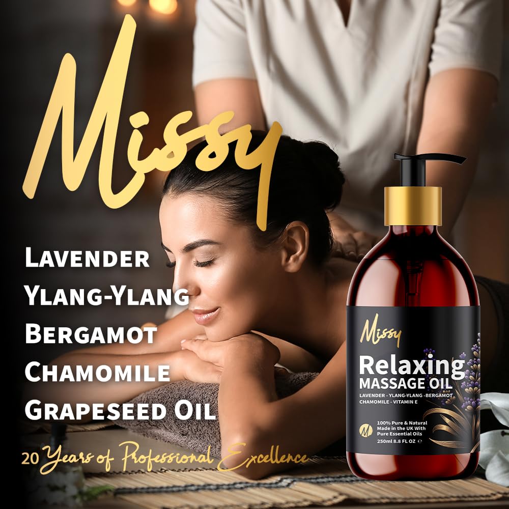 Just Missy Relaxing Massage Oil by Missy - Luxurious Soothing Blend Massage Oil for Date Night with Lavender, Chamomile, Ylang Ylang & Bergamot, Enriched with Vitamin E, Lightweight Grapeseed Oil Base
