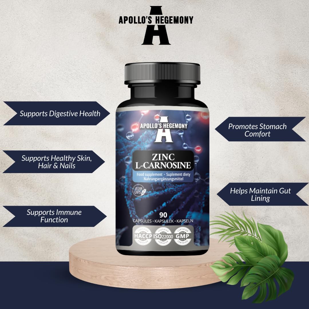 APOLLO'S HEGEMONY Zinc L-Carnosine 37.5 mg per Capsule - 90 Vegan Capsules - 3 Months Supply - for Skin, Hair & Nail Health - Supplement by Apollo's Hegemony