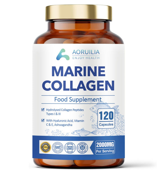 Marine Collagen Supplements for Women Men 2000mg 120 Capsules Hyaluronic Acid, Vitamin C, Vitamin E & Ashwagandha, Hydrolysed Collagen Peptides Types I & III Collagen Complex for Skin Joints Hair
