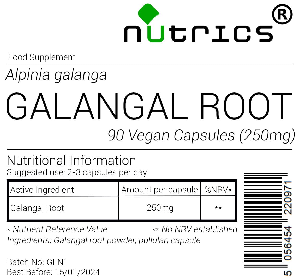 Nutrics® GALANGAL ROOT 250mg 100% Pure - 90 Vegan Capsules (1 Month Supply) - Supplement - Suitable for Vegan Vegetarian Halal & Kosher Diet