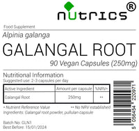 Nutrics® GALANGAL ROOT 250mg 100% Pure - 90 Vegan Capsules (1 Month Supply) - Supplement - Suitable for Vegan Vegetarian Halal & Kosher Diet