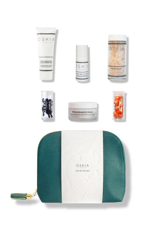 OSKIA Me Time Edit – Luxurious Skincare Collection for Radiant, Healthy Skin – Includes Renaissance Cleansing Gel, Liquid Mask Lactic Acid Micro-Peel, Super C Capsules, and Vegan Leather Teal Wash Bag