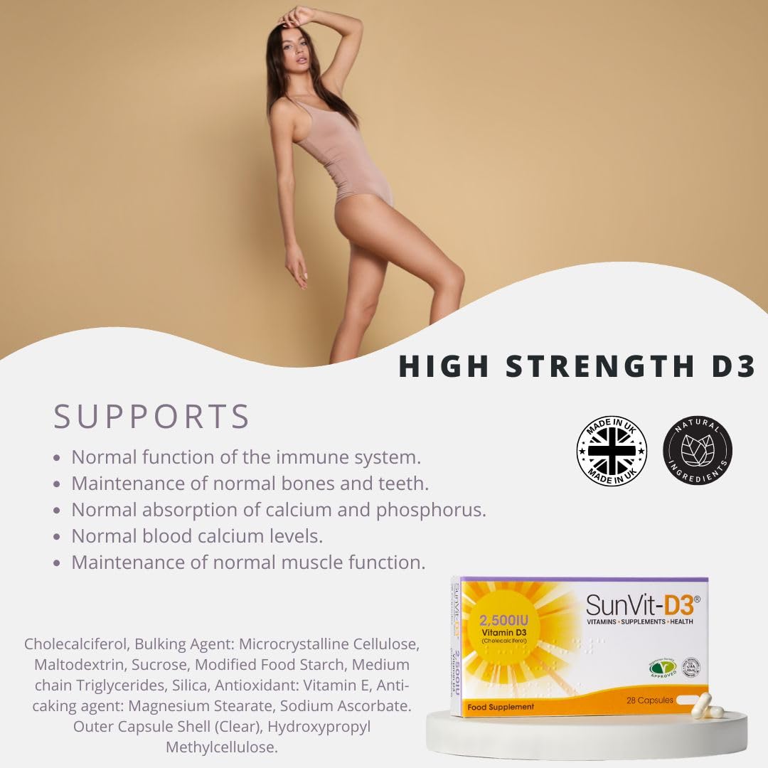 SunVit-D3 High Strength Vitamin D 2500iu Capsules - Cholecalciferol Vitamin D Capsules Support the Maintenance of Bone, Teeth, Muscle & Immune System | UK Made & GMP Approved - D3 Vitamins 28 Capsules