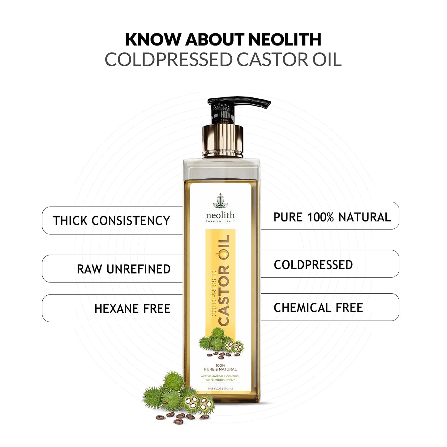 Neolith 100% Organic, Virgin Grade Cold Pressed Castor Oil, Non GMO, Hexan free- For Hair care, Skin care for Dry skin, Eyelashes, Eyebrows, Beard oil, Massage oil, Lash Growth 250 ml
