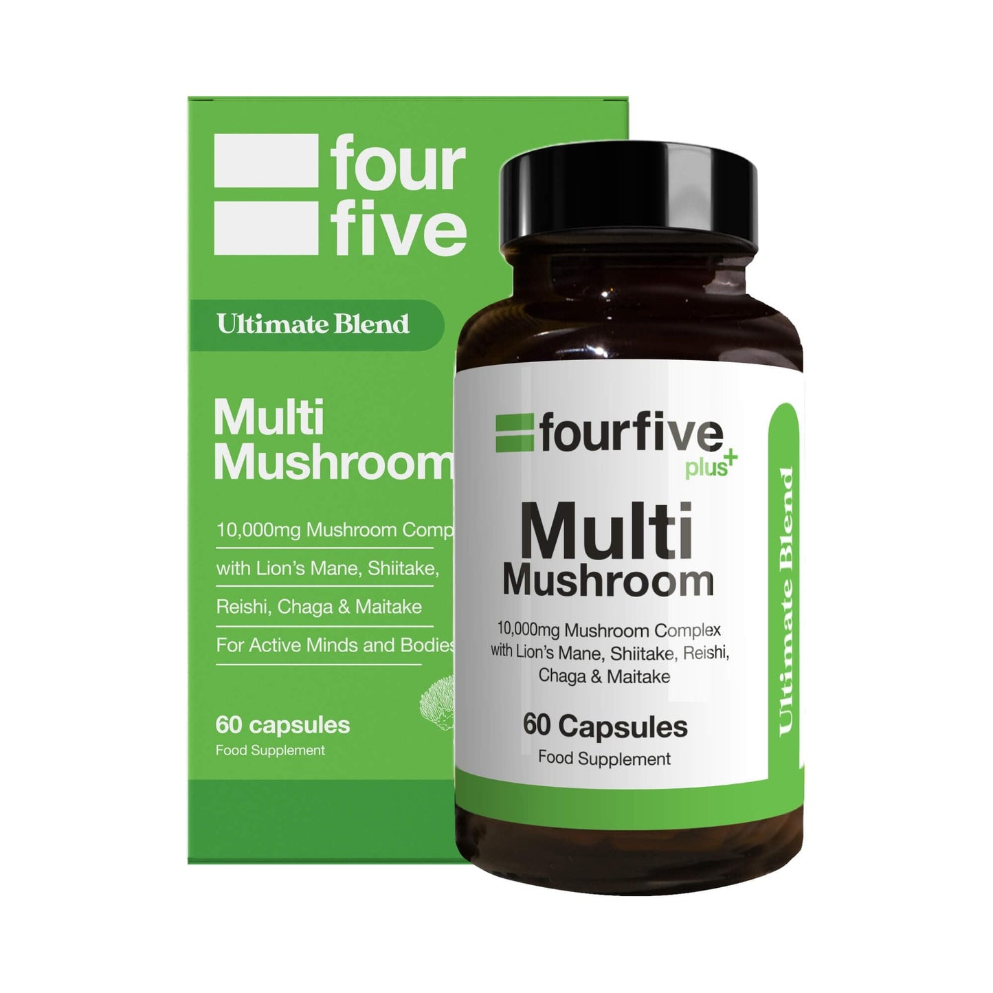 fourfive Multi Mushroom Supplement (10000mg) Ultimate Blend with Reishi, Lion's Mane, Chaga, Maitake & Shiitake, Optimum Daily Dose - 60 Capsules
