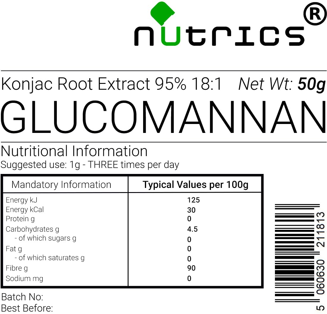 Nutrics® Glucomannan 95% Konjac Fiber 18:1 Extract Supplement V 50g Powder - 18kg of Glucomannan Powder = 1kg of Nutrics® Glucomannan Extract