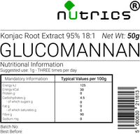 Nutrics® Glucomannan 95% Konjac Fiber 18:1 Extract Supplement V 50g Powder - 18kg of Glucomannan Powder = 1kg of Nutrics® Glucomannan Extract