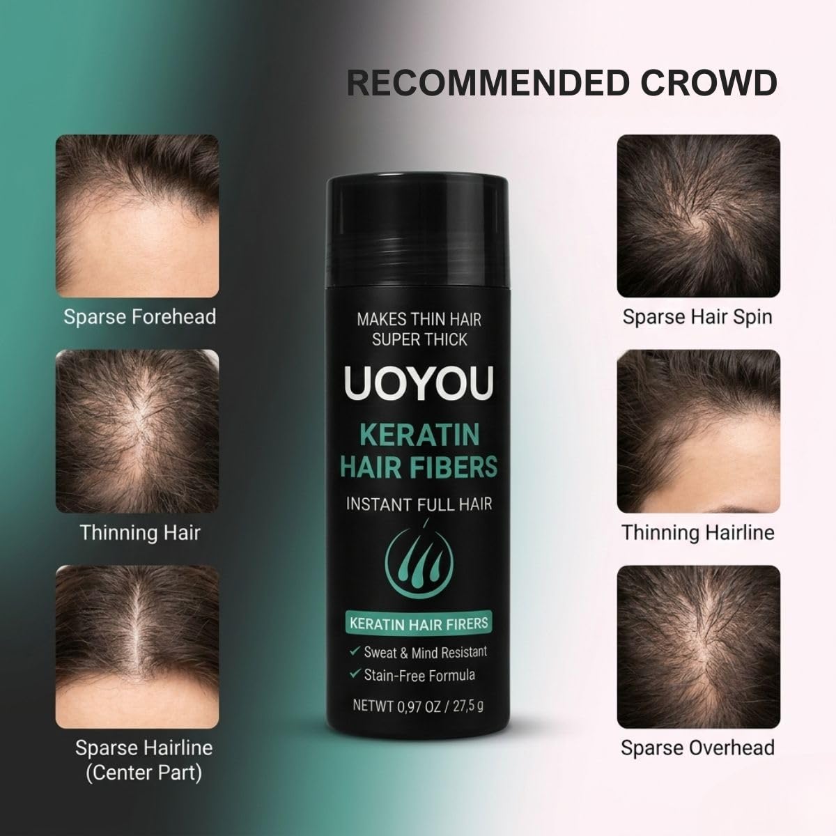 UOYOU LIGHT BROWN Hair Fibres for Thinning Hair 27.5g Bottle | Undetectable & Natural Keratin Hair Fibers Concealer for Hair Loss for Men and Women | Hair Building Fibres Powder [LIGHT BROWN]