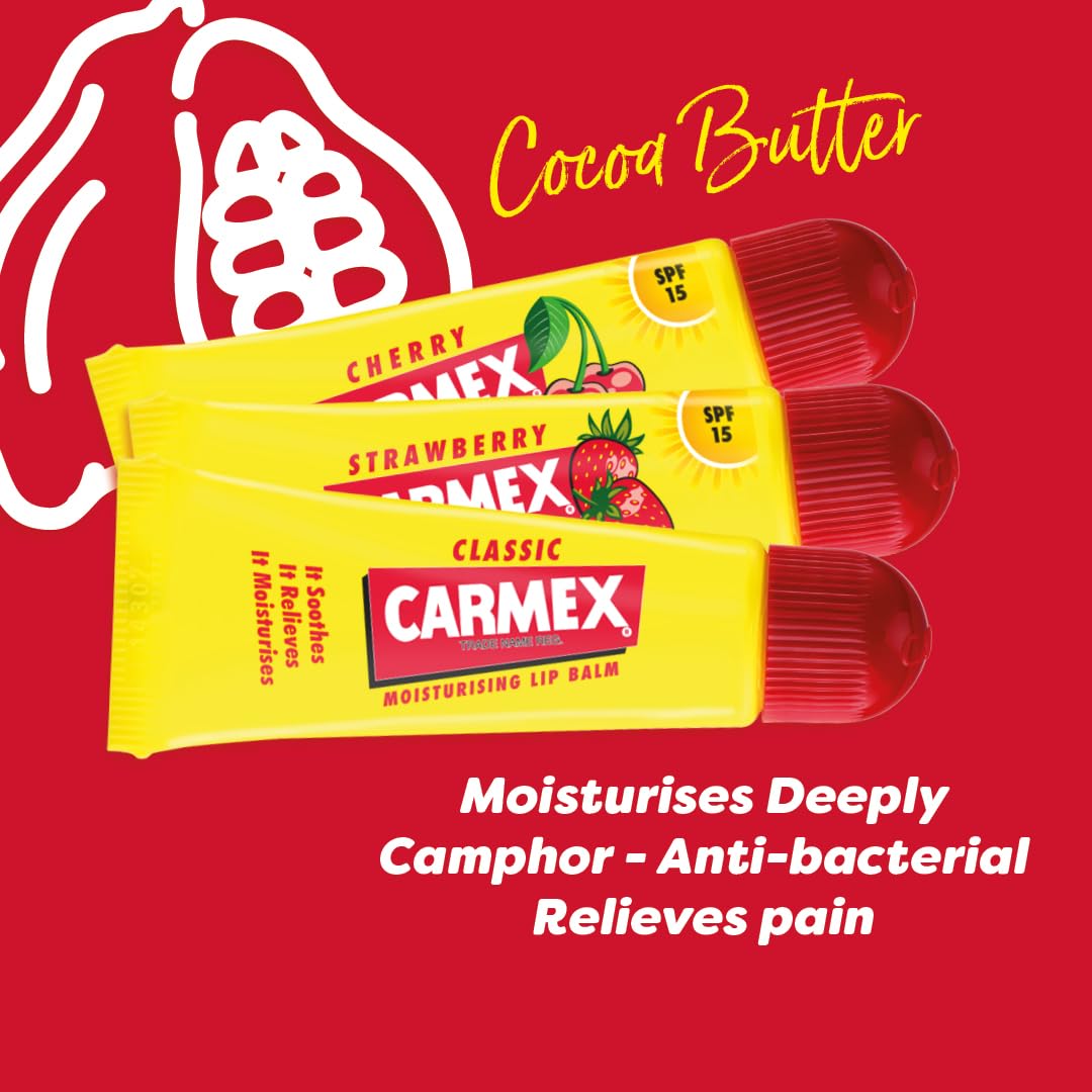 Carmex Cherry, Classic & Strawberry Tube 3-Pieces Mixed Pack SPF15, 10 g (Pack of 3)