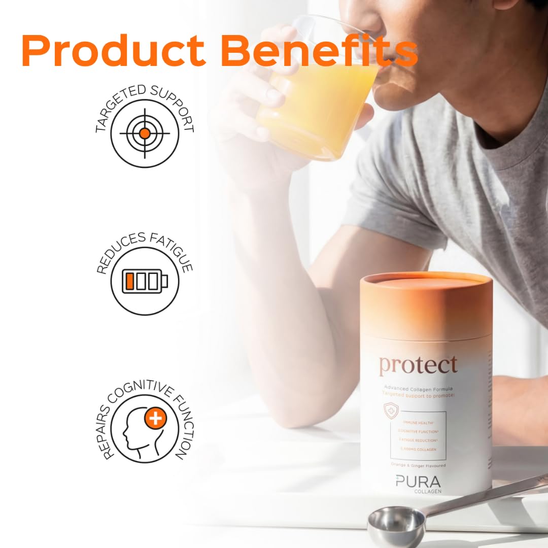 Pura Collagen Protect Collagen Powder | 5,000mg Bovine Collagen Peptides with Vitamin C, D3, B12, Zinc & Iron | Immune Support with Ginger Root Extract – 28 Servings, 284g