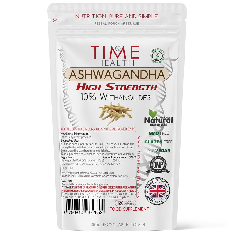 Ashwagandha - 10% Withanolides - HIGH Strength - Maximum Benefits - UK Manufactured - Zero Additives - Pullulan (120 Capsules)
