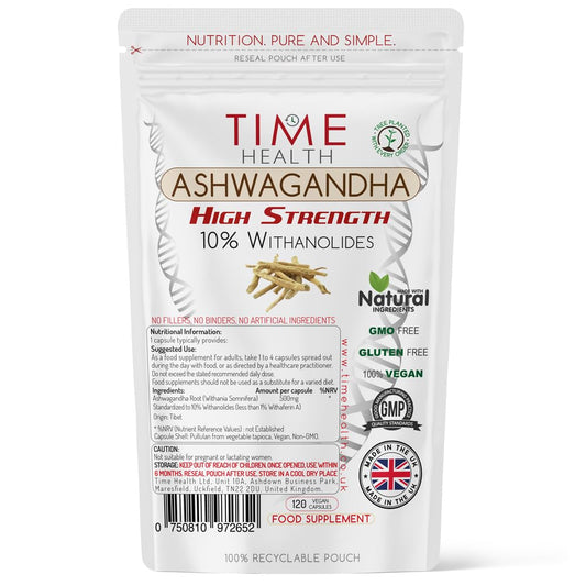 Ashwagandha - 10% Withanolides - HIGH Strength - Maximum Benefits - UK Manufactured - Zero Additives - Pullulan (120 Capsules)