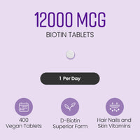 VitaBright Biotin Hair Growth Vitamins | 12000mcg | 400 D-Biotin Tablets with Coconut | Vegan Hair Vitamins for Women and Men | High Strength | Vitamin B7