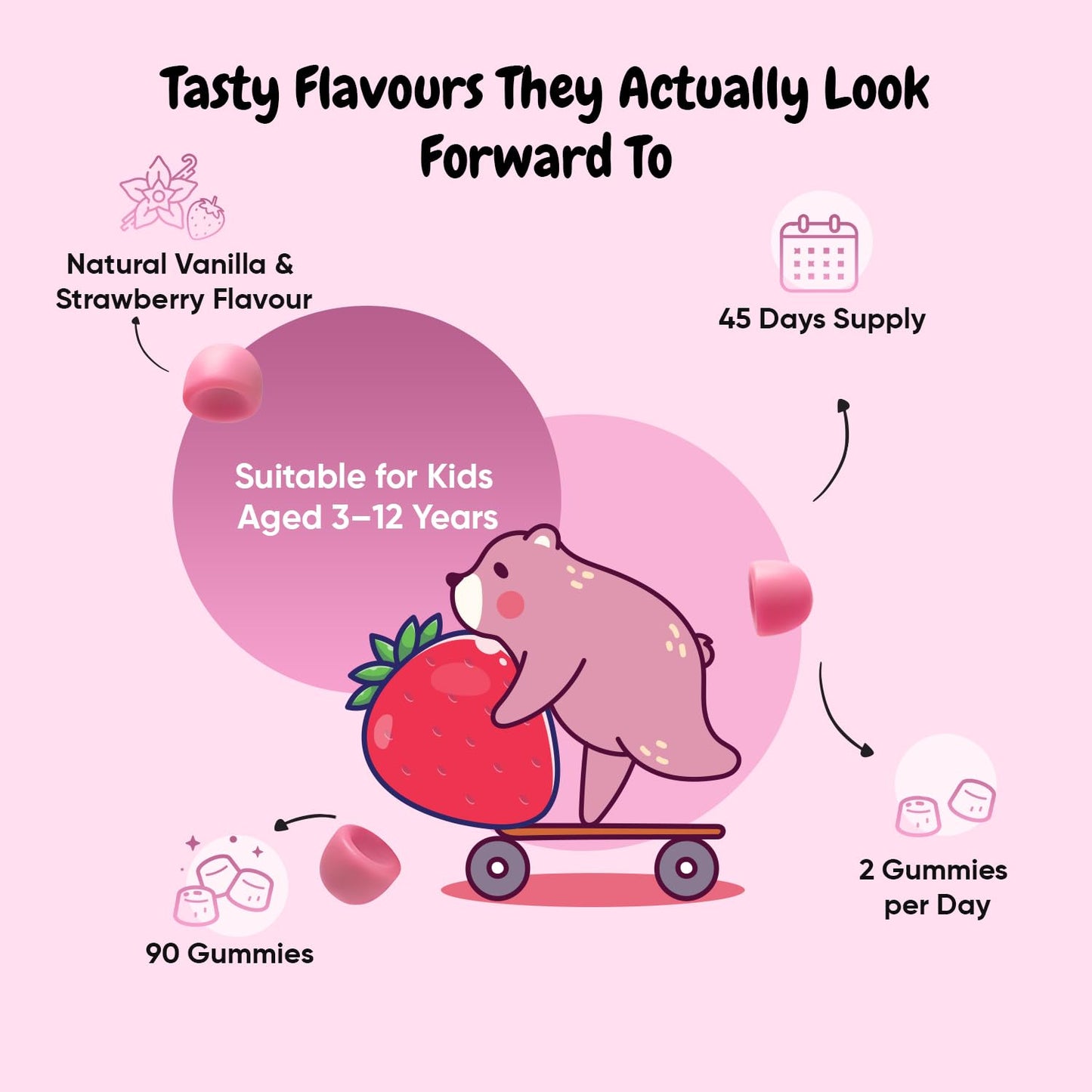 maxmedix Calcium and Vitamin D for Kids | 90 Tasty Gummies | Natural Strawberry & Vanilla Flavours | 45 Days Supply | Vegetarian Calcium for Kids Aged 3-12 Years | Easy to Chew, Gluten-Free & Lactose-Free