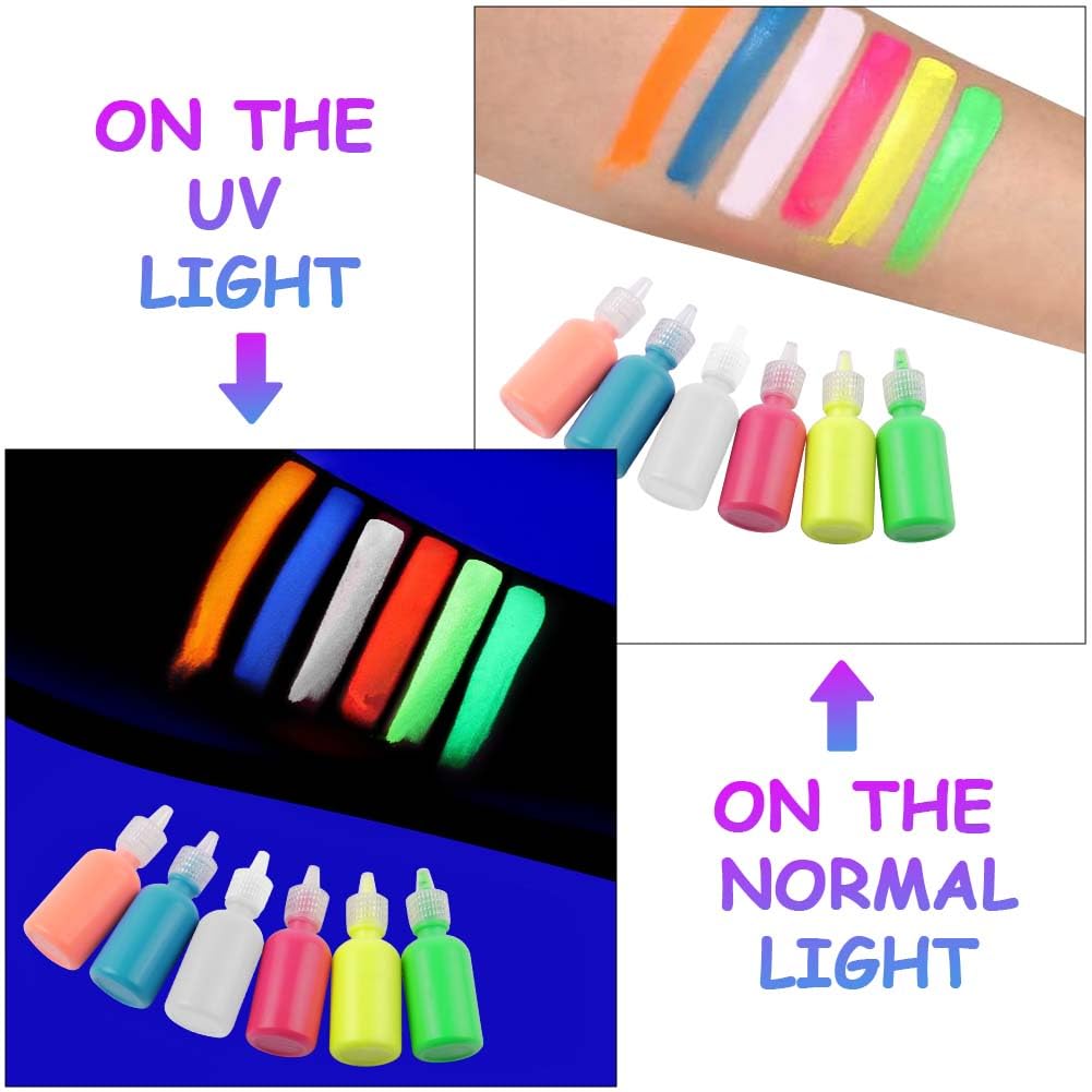 LOPHE UV Body Painting Set, 6 Pcs 30ML Ultraviolet Glow Face Paint with UV Lamp, UV Glowing Neon Liquid Face Painting, Non Toxic Face Body Paint for Carnival Halloween Cosplay Art Paint, Light Color