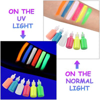 LOPHE UV Body Painting Set, 6 Pcs 30ML Ultraviolet Glow Face Paint with UV Lamp, UV Glowing Neon Liquid Face Painting, Non Toxic Face Body Paint for Carnival Halloween Cosplay Art Paint, Light Color